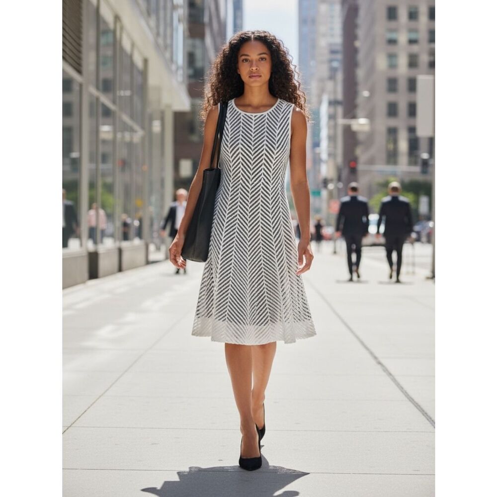 Calvin Klein Ivory Chevron Overlay Black Liner Sleeveless Fit Flare Dress